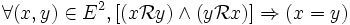  \forall ( x , y ) \in E^2 , [ ( x \mathcal{R} y ) \wedge ( y \mathcal{R} x ) ] \Rightarrow ( x = y ) \,